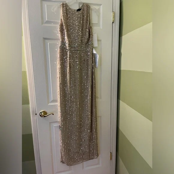 Mac Duggal Nude Sequined High Neck Sleeveless Column Maxi Gown NWT size2 - Picture 3 of 12
